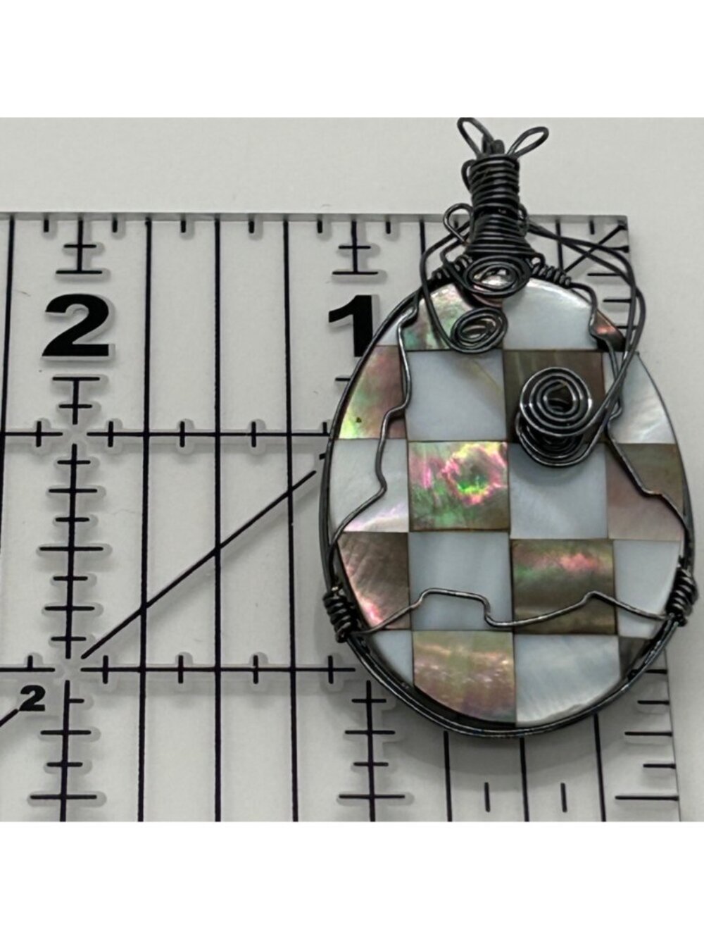 Artisan Wire Wrapped Abalone Mother Of Pearl Mosaic Checkerboard Shell Oval Pend - Picture 11 of 11